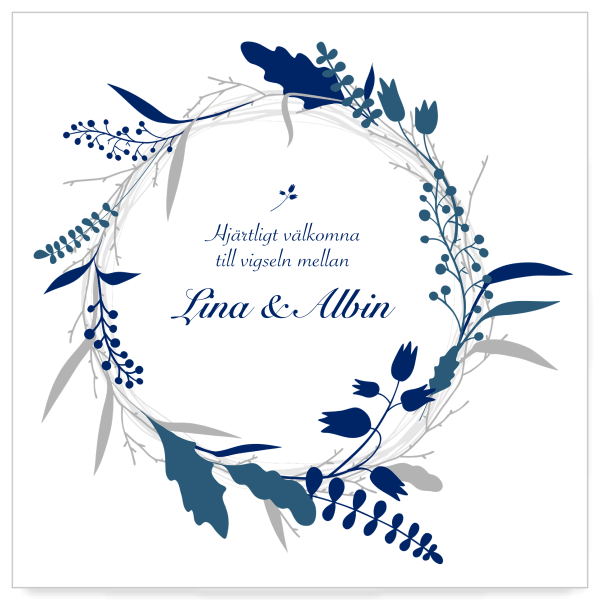 Inbjudningskort till Bröllop Blue Flower. En bröllopsinbjudan med fin blå design av blommer och blad på mallen.