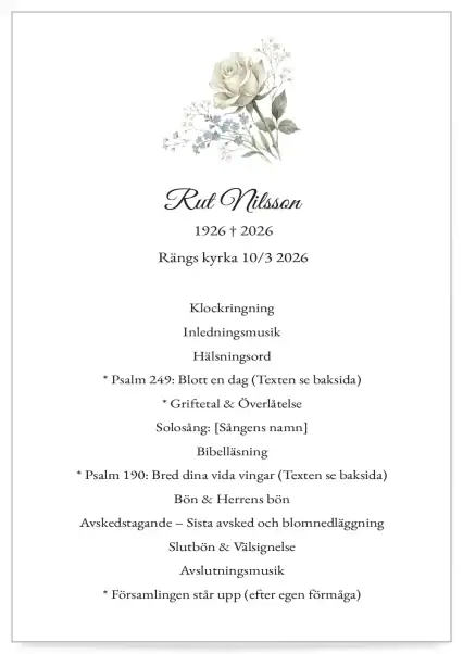 Begravningsprogram -programkort mall ljus ros