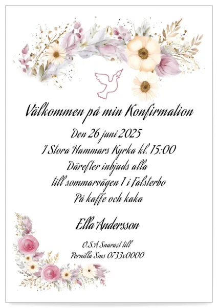 Digitalt inbjudningskort till konfirmation blomsterhögtid rosa – elegant design för en personlig konfirmationsinbjudan