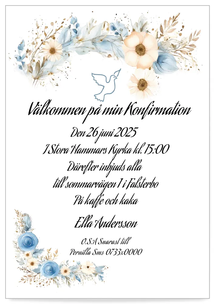 Digitalt inbjudningskort till konfirmation blomsterhögtid med blå blommor – elegant design för en personlig konfirmationsinbjudan