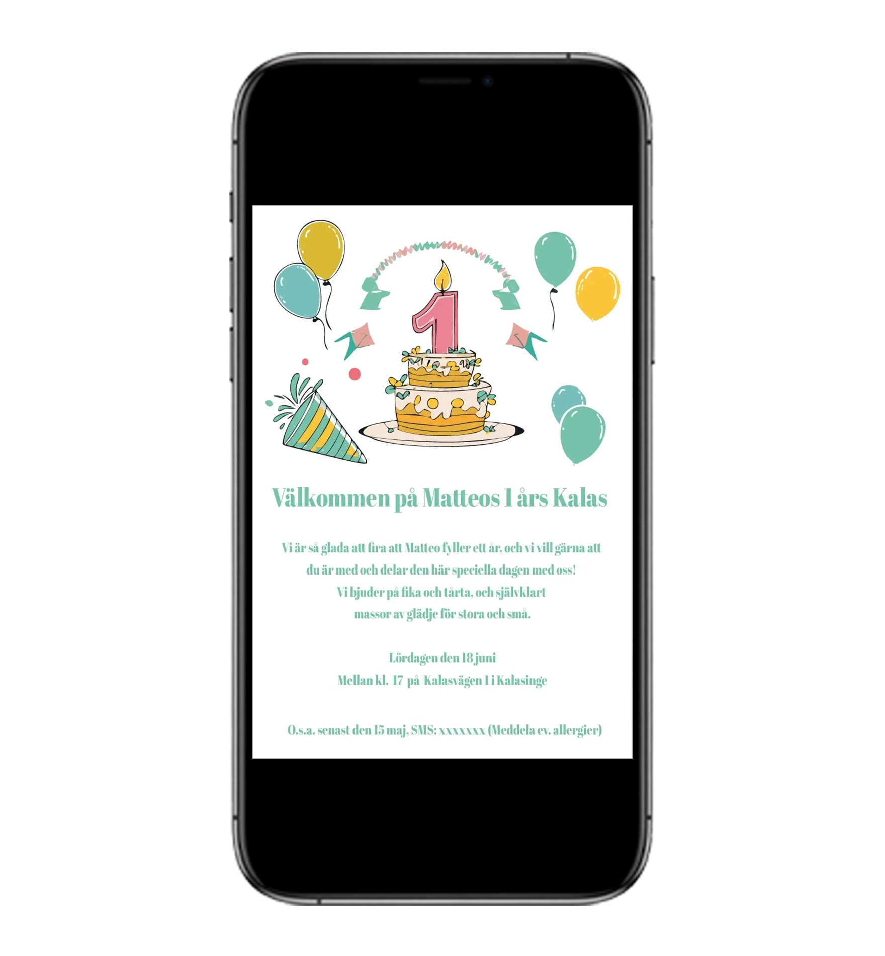 Digitalt inbjudningskort till kalas mall 1 år för sms och email