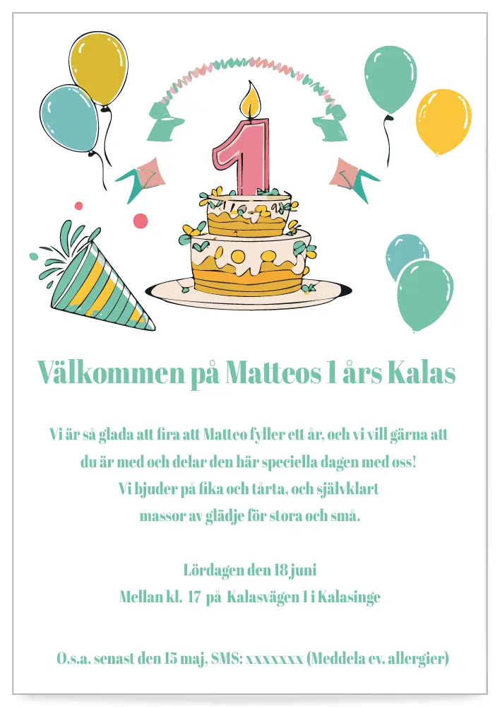 Digitalt inbjudningskort till kalas mall 1år