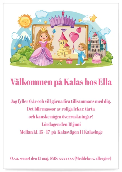 Digitalt Inbjudningskort till kalas med rosa prinsessa tema
