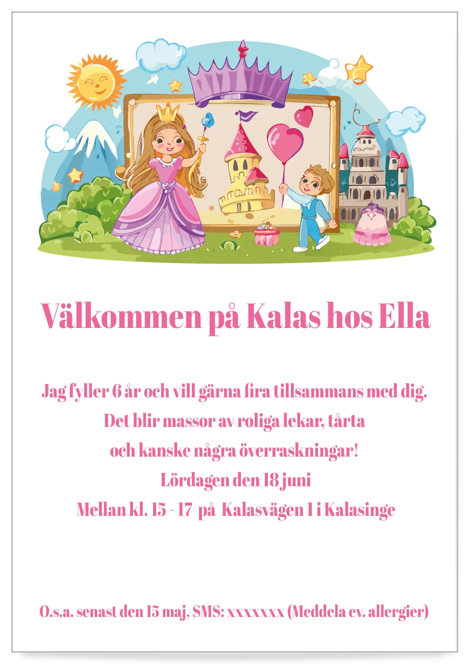 Digitalt Inbjudningskort till kalas med rosa prinsessa tema