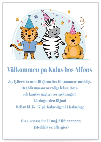 Digitalt inbjudningskort till kalas mall Zebra