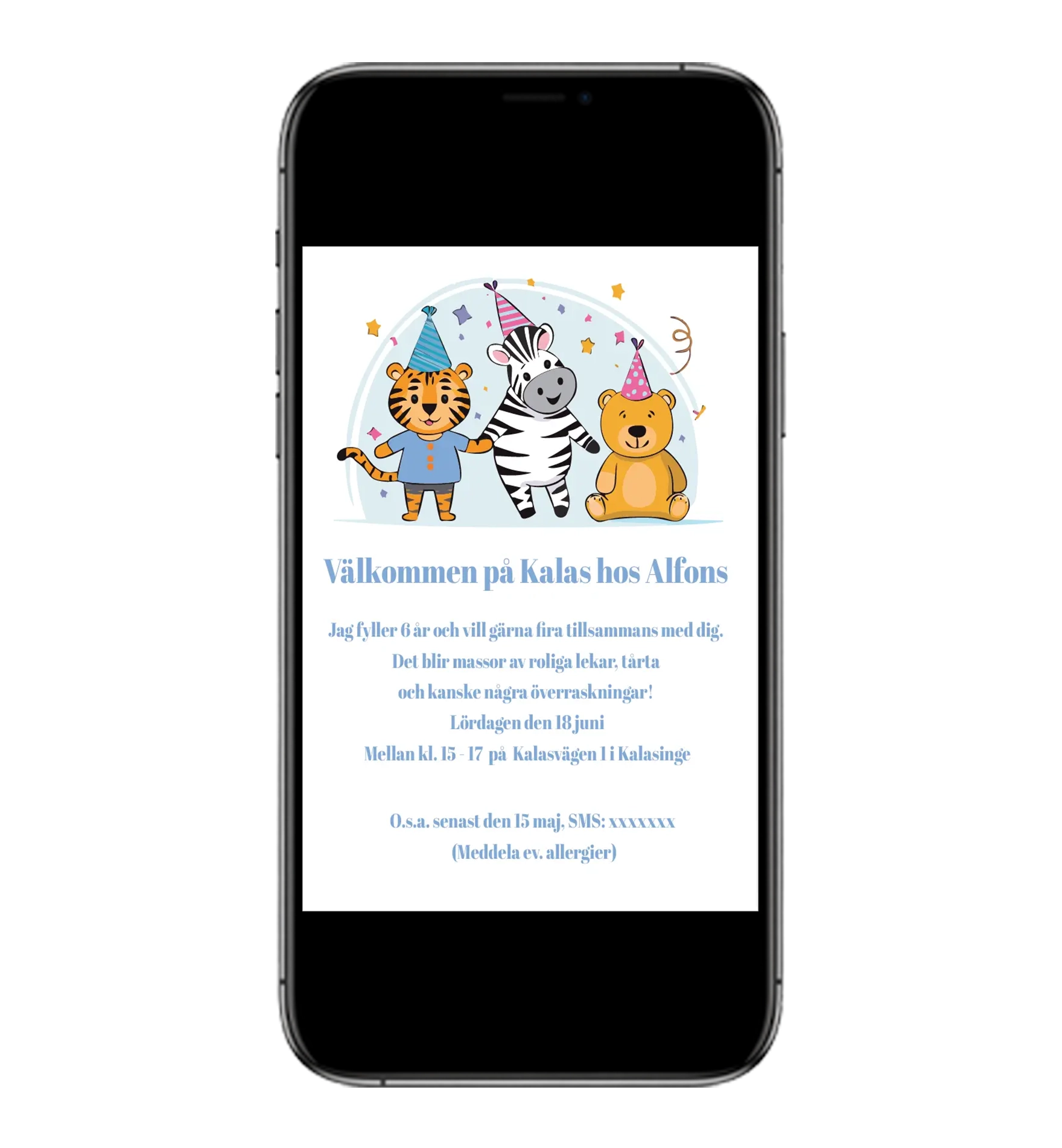 Digitalt inbjudningskort till kalas mall Zebra för sms och email