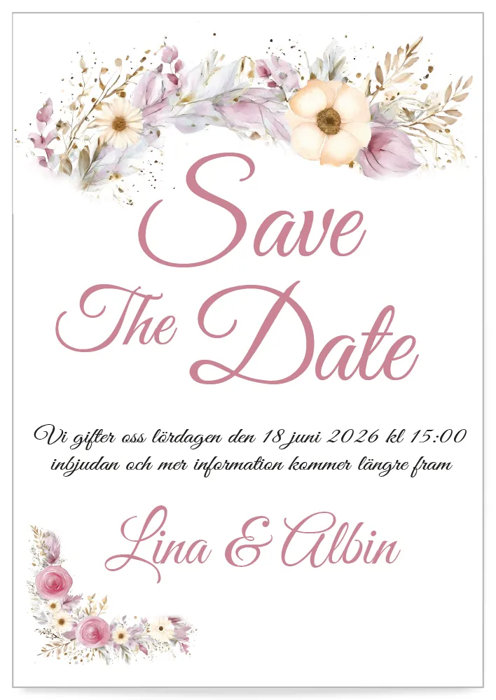 Digitalt Save the Date kort med rosa blommönster – perfekt mall för bröllop