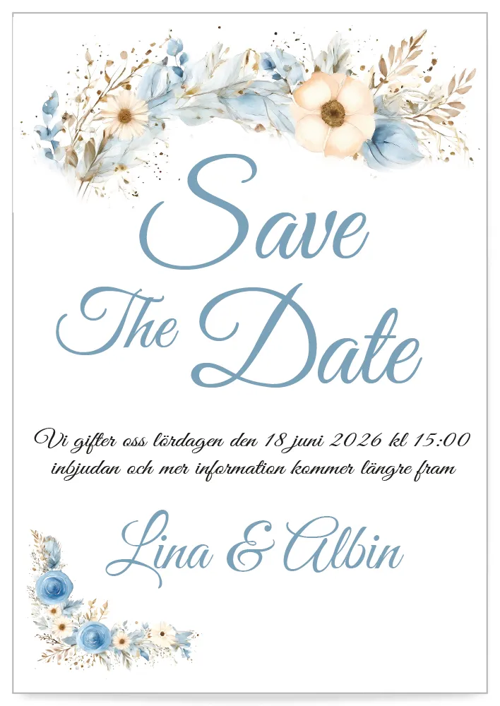 Digitalt Save the Date kort med blått blommönster – perfekt mall för bröllop