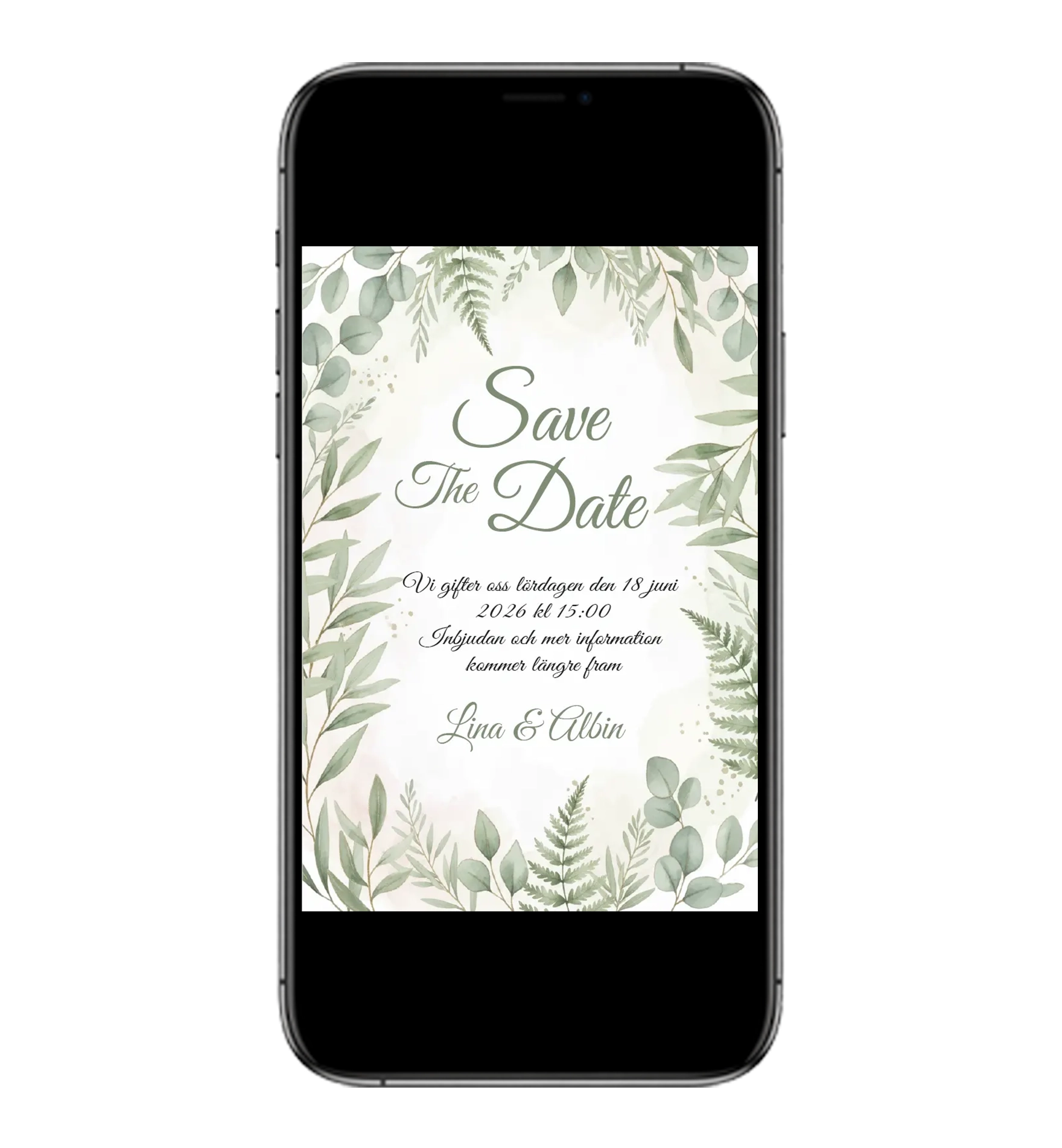 Digitalt save the date kort mall oliv för mobil och sms