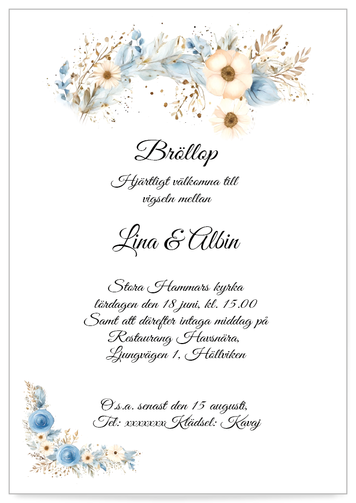 Inbjudningskort till bröllop blomsterhögtid blå – elegant design för en personlig bröllopsinbjudan