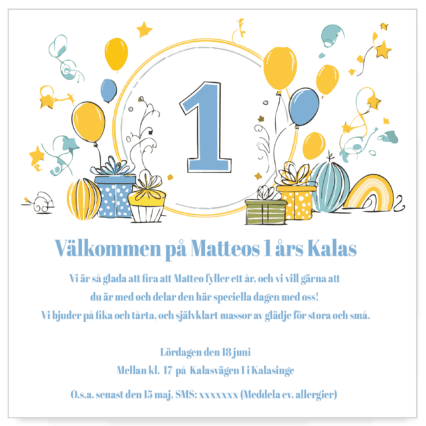 Inbjudningskort till 1 års kalas med en härlig bild av balonger och paket