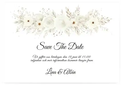 Ett save the date kort till bröllop i naturvit färg med vita rosor.